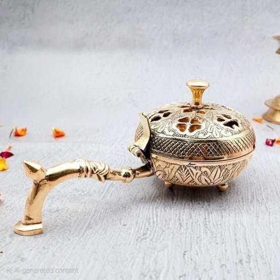 Pure Brass Dhuni | Turkish Design Premium Dhuna | Loban, Charcoal Burner | Flower Cut Dhunachi for Home and Tempe (Size : 17.5cm | Weight : 300gm)