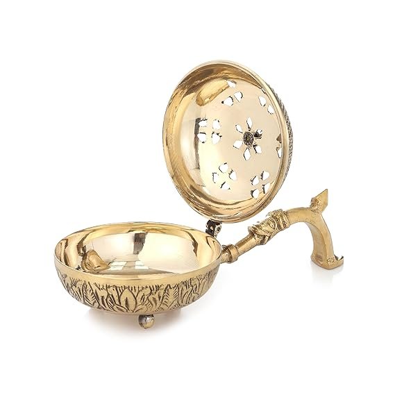 Pure Brass Dhuni | Turkish Design Premium Dhuna | Loban, Charcoal Burner | Flower Cut Dhunachi for Home and Tempe (Size : 17.5cm | Weight : 300gm) - Image 3