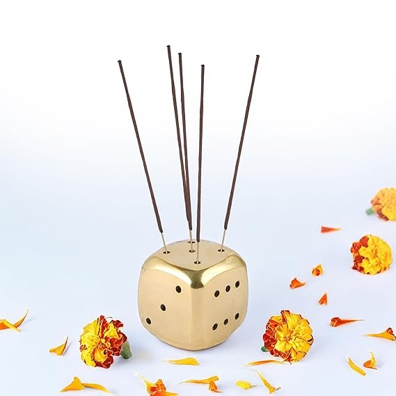 YASHONIDHI Agarbatti Stand, Dice Shape, Made of Brass, Incense Stick Holder (Big Size, 1.25 inch), Golden Shine, 120gms
