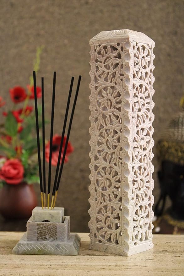 Handmade Marble Soapstone Incense & Agarbatti Burner – Handcrafted Dhoop Batti, Candle, Tea Light Holder with Floral Carving | Puja Gift & Decorative Home/Kitchen Piece (3x3x11 Inches)