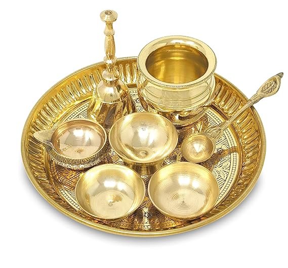 Brass Pooja Thali Set Small 6 Inch Puja Thali with Pital Plate Chandan Wati Kalash Kuber Diya Ghanti Palli Arti Thali for Diwali Home Office Mandir Wedding Return Gift Items - Image 2