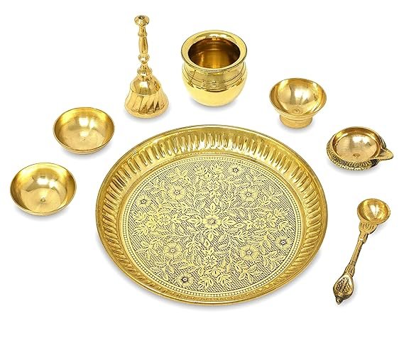 Brass Pooja Thali Set Small 6 Inch Puja Thali with Pital Plate Chandan Wati Kalash Kuber Diya Ghanti Palli Arti Thali for Diwali Home Office Mandir Wedding Return Gift Items